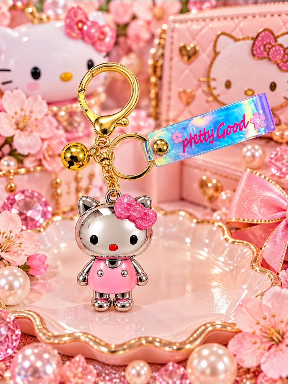 Hello Kitty “Pretty Good” Keychain Charm Pink Silver Tone